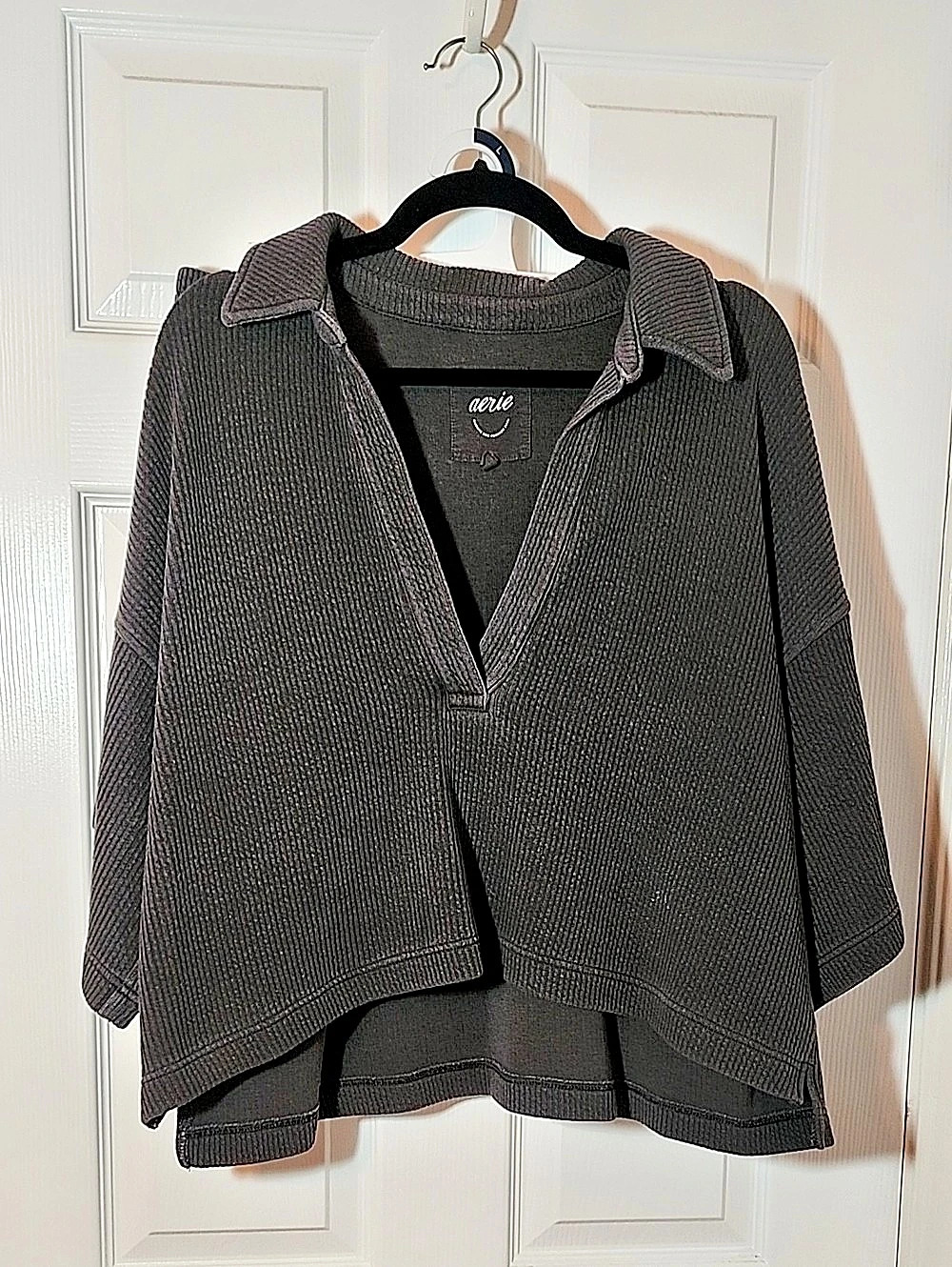 aerie CozyUp Waffle Polo Sweater/Skirt Set Black Large